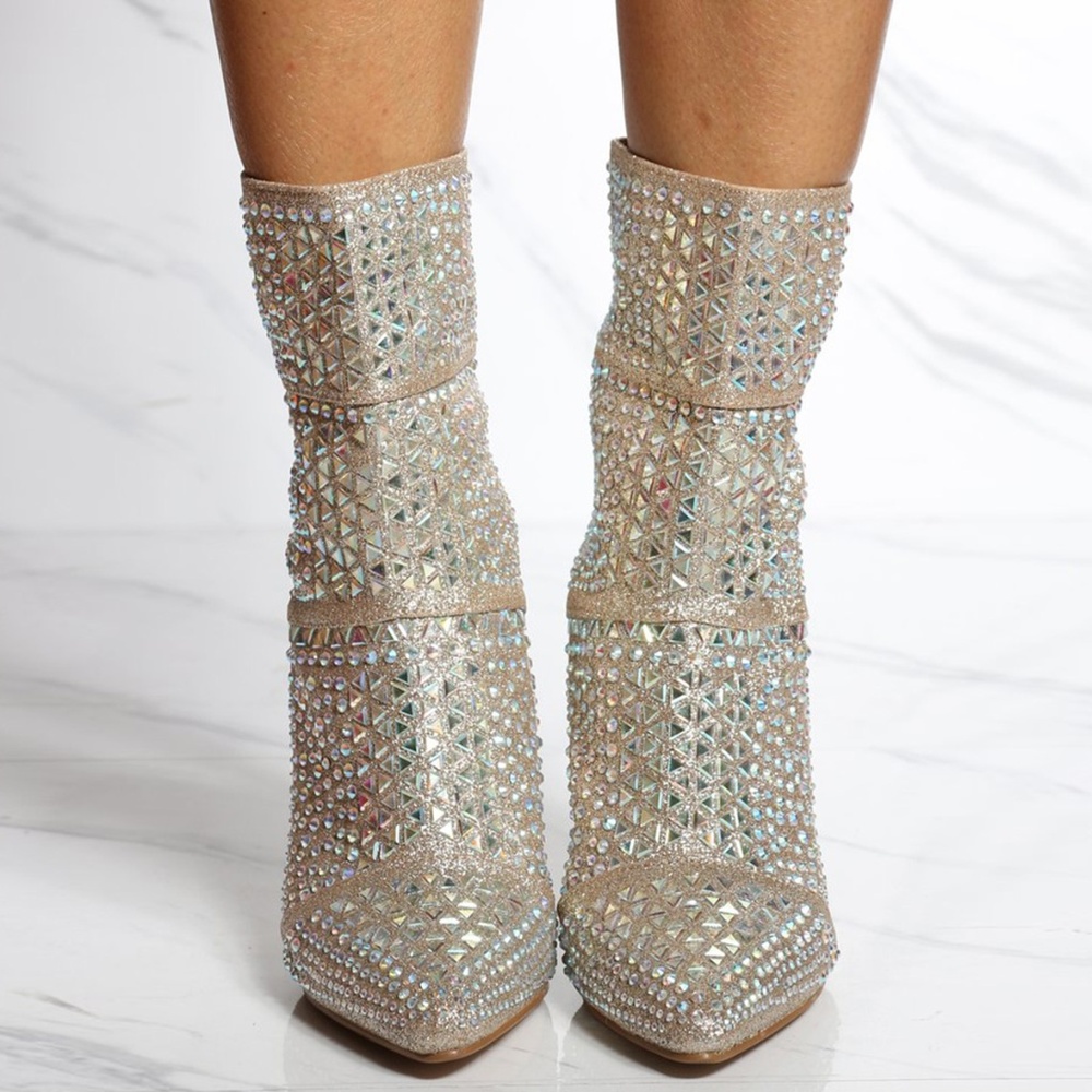 NEW🔥 Bling Gold Glitter Rhinestone Embellished Ankle Booties Boot Stiletto Heel - Picture 3 of 5